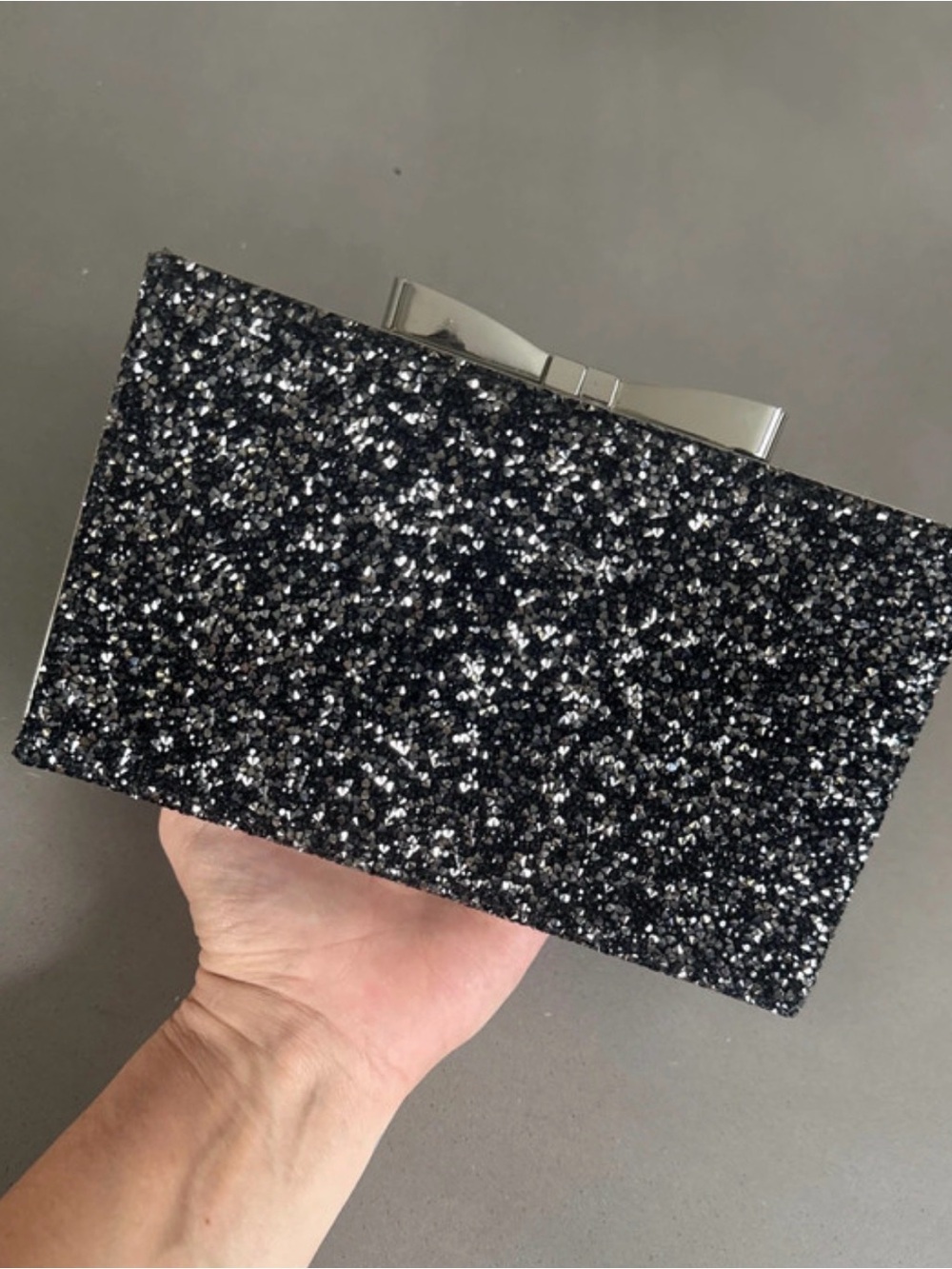 Charming Charlie Black Glitter Bow Clutch